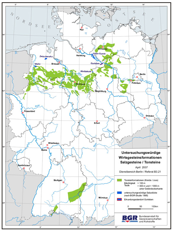 Karte von nach älteren Studien als untersuchungswürdig erachteten Steinsalz- und Tonsteinformationen in Deutschland