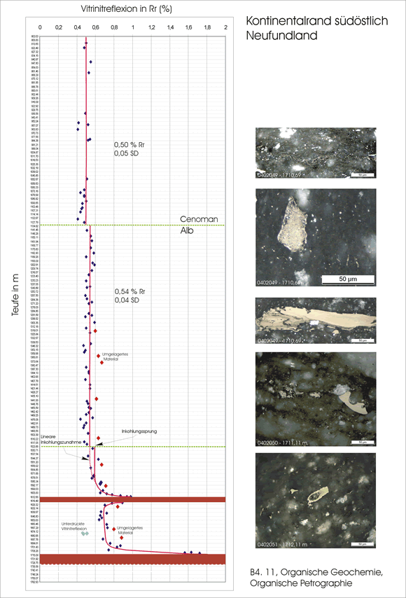 Geologisches Profil der ODP-Bohrung Leg 210 vor Neufundland zur Erkundung der passiven Kontinentalränder und des Kohlenwasserstoff-Potentials. Nahe Basis zwei vulkanische Lagergänge eingedrungen in Tongesteine. 