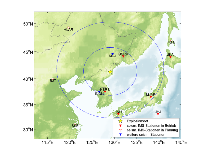 Abbildung 1: Karte mit der Lage des seismischen Ereignisses (Stern) und den nächstgelegenen seismischen Messstationen des IMS und lokaler Messnetze.   