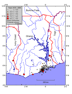 Epizentrenkarte für Ghana  für die Jahre 1615 bis 2003 