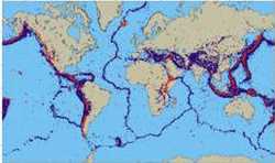 Global distribution of earthquake epicentres (blue dots) and volcanoes (red dots)