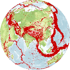 The Earth showing the distribution of earthquakes (dots) covering a period of 50 years. Most of the earthquakes clearly occur along the plate boundaries