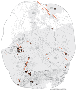 Karte mit Paläoerdbeben und möglichen verursachenden Verwerfungen