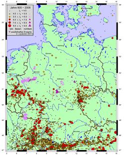 Karte der Erdbebenepizentren in Deutschland mit Randgebieten für die Jahre 800 bis 2008