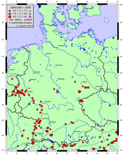 Karte der Epizentren der Schadenbeben (ab Intensität VI-VII) in Deutschland für die Jahre 800 bis 2008