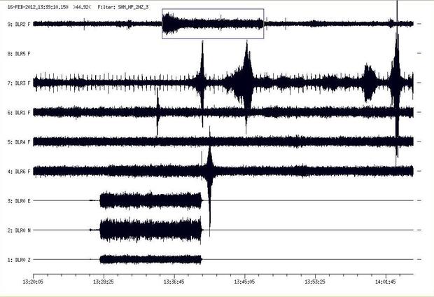 Seismische (untere drei Spuren) und akustische Aufzeichnungen (obere Spuren) des Triebwerkstests vom 16. Februar 2012 um 13:28UT