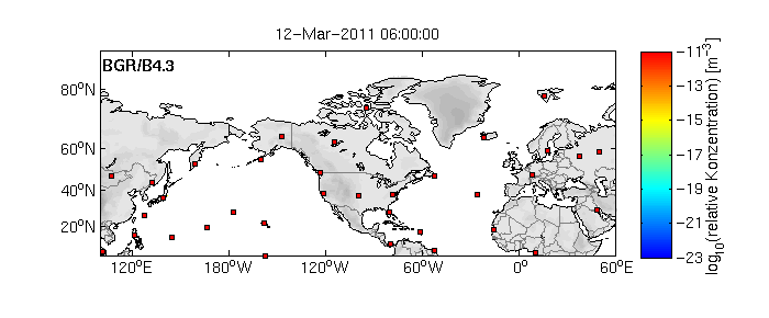 Animierte Darstellung der Ausbreitung der Partikelwolke von Fukushima aus in der nördlichen Hemisphäre, gemittelt über Höhenintervall von 0 km bis 0,5 km. Die Standorte der IMS-Radionuklidstationen sind rot dargestellt. 