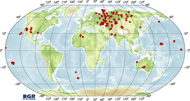 Weltkarte mit den Epizentren aller bekannten Kernexplosionen seit 1945