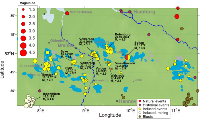 Abb.1 Epizentren der Erdbeben (Kreise) im Bereich der Erdgasfelder in Norddeutschland sowie Lage der aktiven Erdgasfelder (blau)