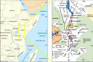 Abb. 1: Übersichtskarte Ostafrika mit Kenia im Zentrum des Bildes (links) sowie Übersicht des kenianischen Rifts mit der Lage des Paka Vulkans (Omenda, 2007)