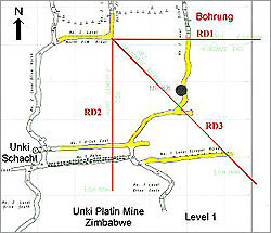 Aufgefahrene Strecken der Unki Mine im Level 1 mit Position der gemessenen Bohrungen