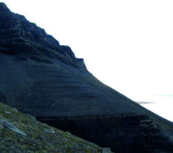 Probenahme organikreicher Sedimente der Botneheia Formation am Hang des namensgebenden Botneheia auf Spitsbergen während der CASE 17 Expedition im Sommer 2015