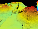 3D-Blick  in eine Meeresboden-Landschaft . Der Berggipfel rechts liegt in 2700 Meter Wassertiefe. Seine Höhe beträgt 220 Meter, die Bildbreite vorne 480 Meter