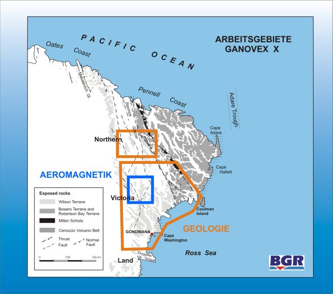 Arbeitsgebiete der Expedition GANOVEX 10 (Antarktis): Geologie und Aeromagnetik