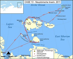 Karte der Neusibirischen Inseln mit der Expeditionsroute und Arbeitsgebieten von CASE 13 