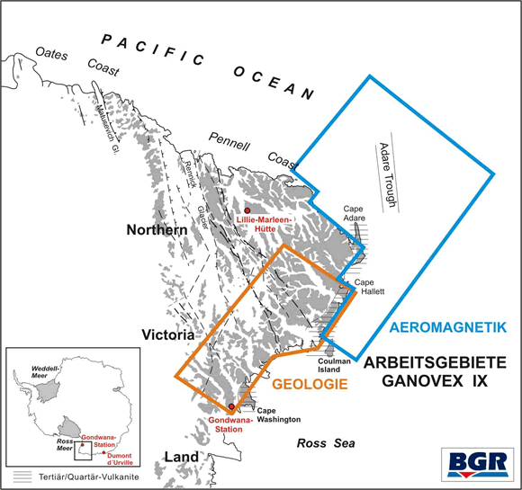 Arbeitsgebiete GANOVEX IX (Aeromagnetik, Geologie) 
