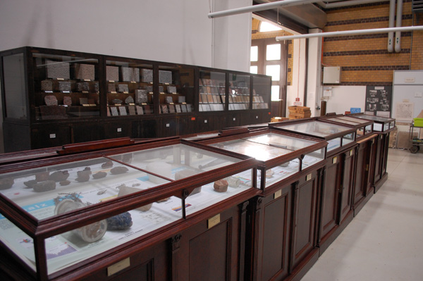 Ausstellungsbereich  mit Naturwerksteinplatten und Rohstoff-thematisch gestalteten Vitrinen