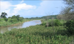 Der Zongwe-Fluss, ein Nebenfluss des Zambezi, während der Regenzeit