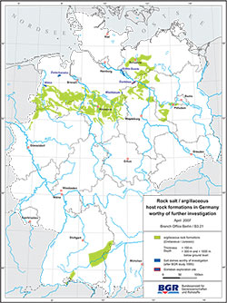 Map of rock salt and claystone formations deemed worthy of investigation in Germany in previous studies