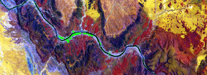 The Sentinel 2 false colour composite shows the geological characteristics of an area near Prieska/ Northern Cape/ South Africa