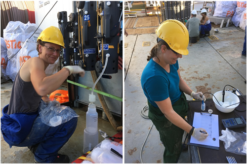 Mirja and Katja on deck, filtering water from the GoFlo water samplers and measuring pH and conductivity after a successful deployment