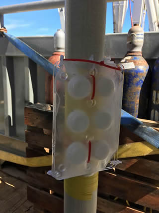 Passive sampler membranes: membranes attached to the frame of a sediment trap, still covered by clink film to protect them from dusty air