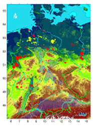 Storage capacities in Germany: Blue = aquifers, yellow = depleted gas fields, red = CO2 sources