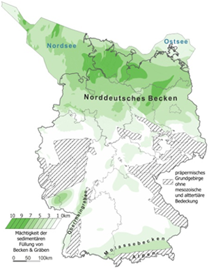 Distribution and sediment thickness of Mesozoic-Cenozoic basins and grabens in Germany